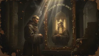 Dark oil painting of a hooded friar gazing at a framed portrait of a friar labelled Templum Spiritus Sancti amid ruins