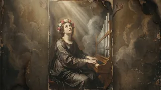 St Cecilia, a flower-crowned young woman playing a pipe organ and gazing upward amid light rays and clouds