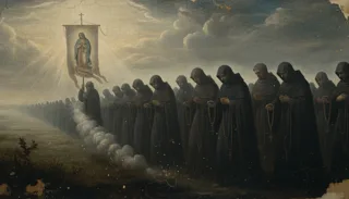 O Terço dos Homens: Nossa Senhora, sentada e de manto azul, entrega um rosário a um frade tonsurado ajoelhado, com querubins acima