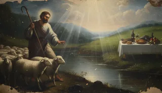 Psalm 23, Pan jest pasterzem moim: otwarta iluminowana księga z ozdobnymi inicjałami na rzeźbionym pulpicie między dwiema płonącymi świecami