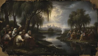 Roi barbu couronné trônant dans les nuées, jouant d'une harpe dorée parmi les rais de lumière et les étoiles