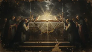Hooded monks kneel in prayer around an altar bearing a radiant open book set between two candles