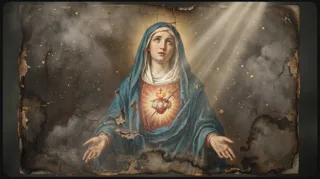 The veiled Virgin in a blue robe with a flaming heart on her chest opens her arms amid streaming rays of light