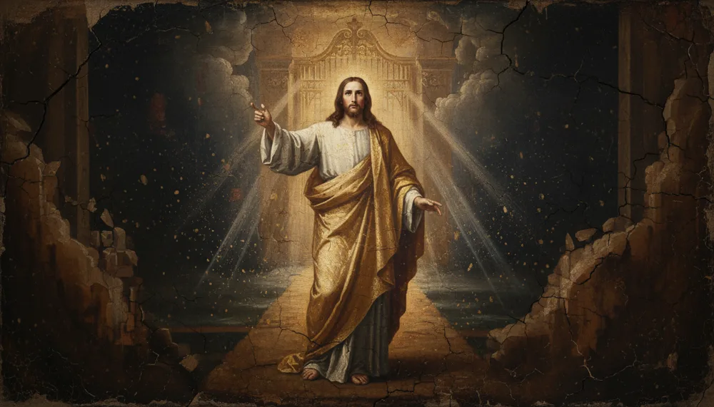 A bearded Christ in white and gold robes raises his hand before a radiant gate amid cracked ruins