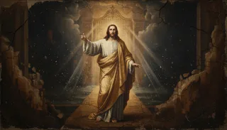 A bearded Christ in white and gold robes raises his hand before a radiant gate amid cracked ruins