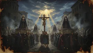 Chrystus w koronie cierniowej niesie krzyż, klęcząca kobieta z chustą pośród żołnierzy i płaczących