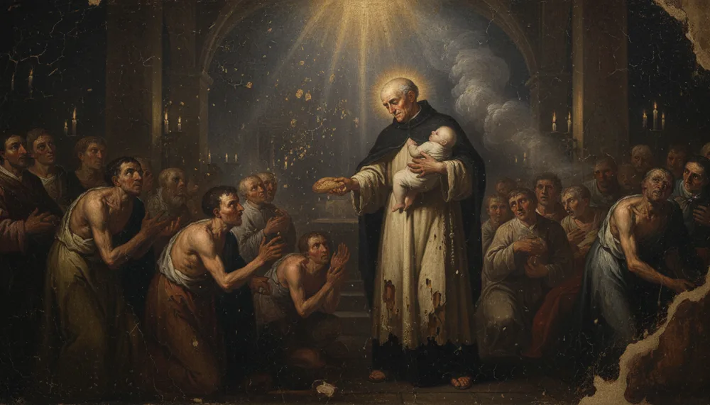 São Vicente de Paulo segurando um menino em meio à multidão ajoelhada numa igreja iluminada por velas