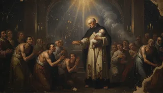São Vicente de Paulo segurando um menino em meio à multidão ajoelhada numa igreja iluminada por velas