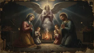 Una familia arrodillada rezando junto al fuego mientras un ángel alado ora sobre una nube, en un lienzo agrietado