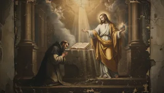 A kneeling friar prays before a radiant standing Christ holding a glowing orb, an open book on the altar