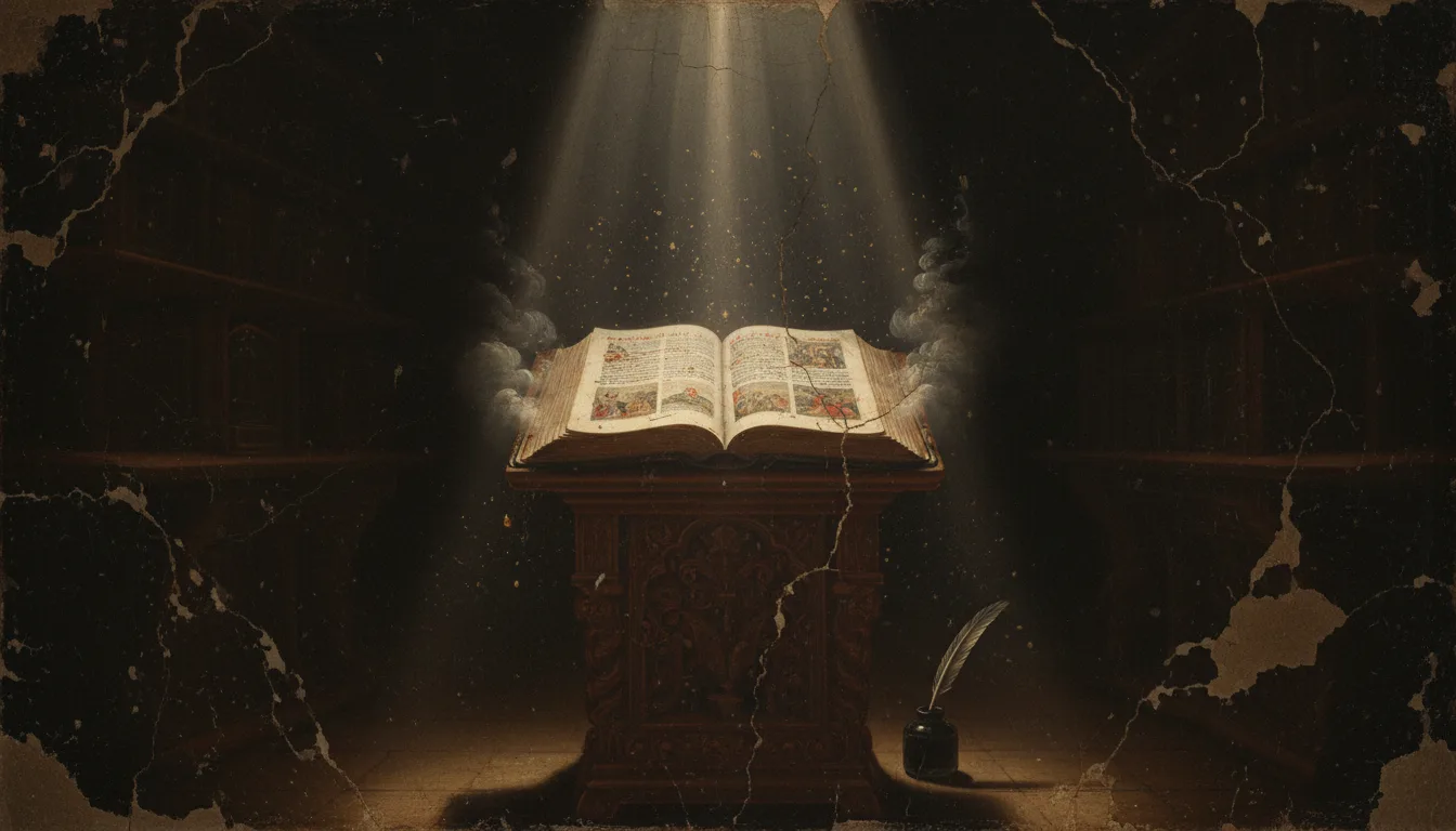 An open Latin Vulgate Bible glowing on a lectern in a dim scriptorium