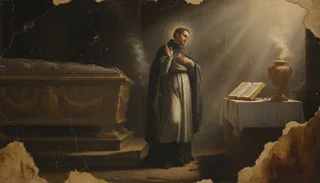 Aged oil painting of a haloed friar in blue mantle praying near a stone tomb, an open book and urn on a draped table