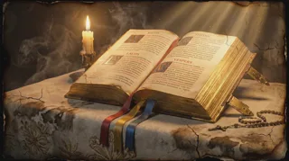 An open illuminated book on a stand with a lit candle and rosary, colored ribbons across an aged border