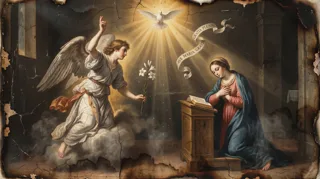 L'ange Gabriel agenouillé tend un lys à une femme en bleu et rouge en prière, une colombe rayonnante au-dessus