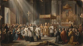 Procissão numa grande igreja: o clero paramentado leva o pálio e o crucifixo entre fiéis ajoelhados e incenso