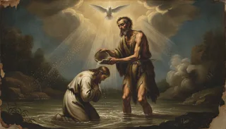 Saint Jean-Baptiste vêtu de peaux versant l'eau sur une figure agenouillée dans le fleuve, colombe descendant au-dessus