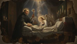 A haloed friar raising a crucifix over a dying person in bed as a winged angel kneels beside the candles