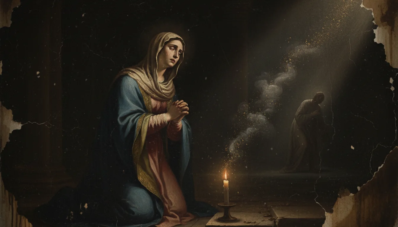 A veiled mother kneels weeping in prayer for her wayward son