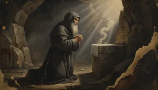St Charbel Makhlouf, a haloed bearded hooded monk kneeling in prayer with his rosary before a stone altar in a cave