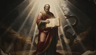 Oil-painting of a bearded man in red robe holding an open book, rays of light around him and a great snake coiled at his side