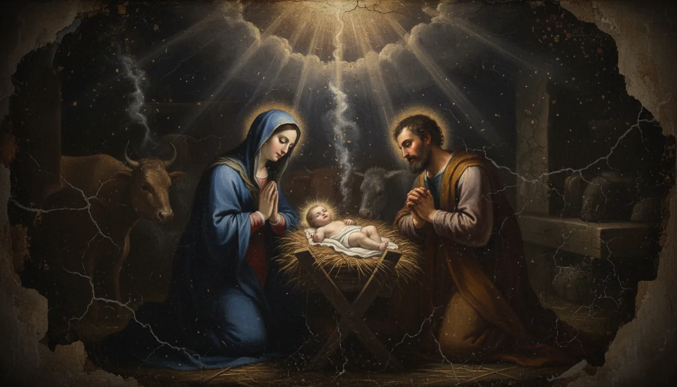 The newborn Child wrapped in swaddling clothes lying in a manger, watched by Mary and Joseph