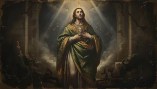 A haloed long-haired man in a green-gold cloak with a flame above his head holds a small image, serpents below