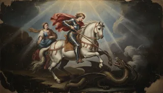 Cavaleiro armado sobre um cavalo branco empinado lanceando um dragão, uma mulher sentada atrás dele, sob um céu radiante