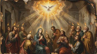 Pentecost painting of the Virgin and apostles at prayer beneath the descending white dove, flames above their heads