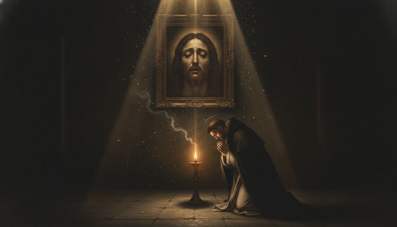 A lamp burns day and night before an image of the Holy Face