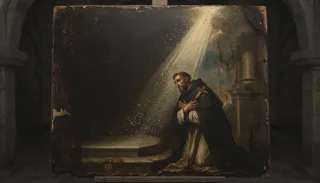 Fraile arrodillado en oración sosteniendo un crucifijo bajo un haz de luz