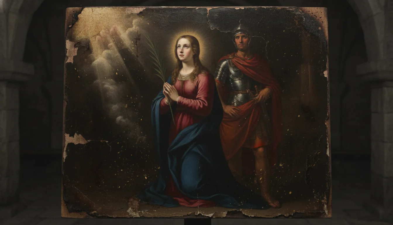 Santa Lucía, virgen y mártir, de rodillas y serena mientras un verdugo alza la espada