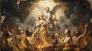 A winged angel lifts a soul upward out of flames while other figures reach up amid fire and smoke