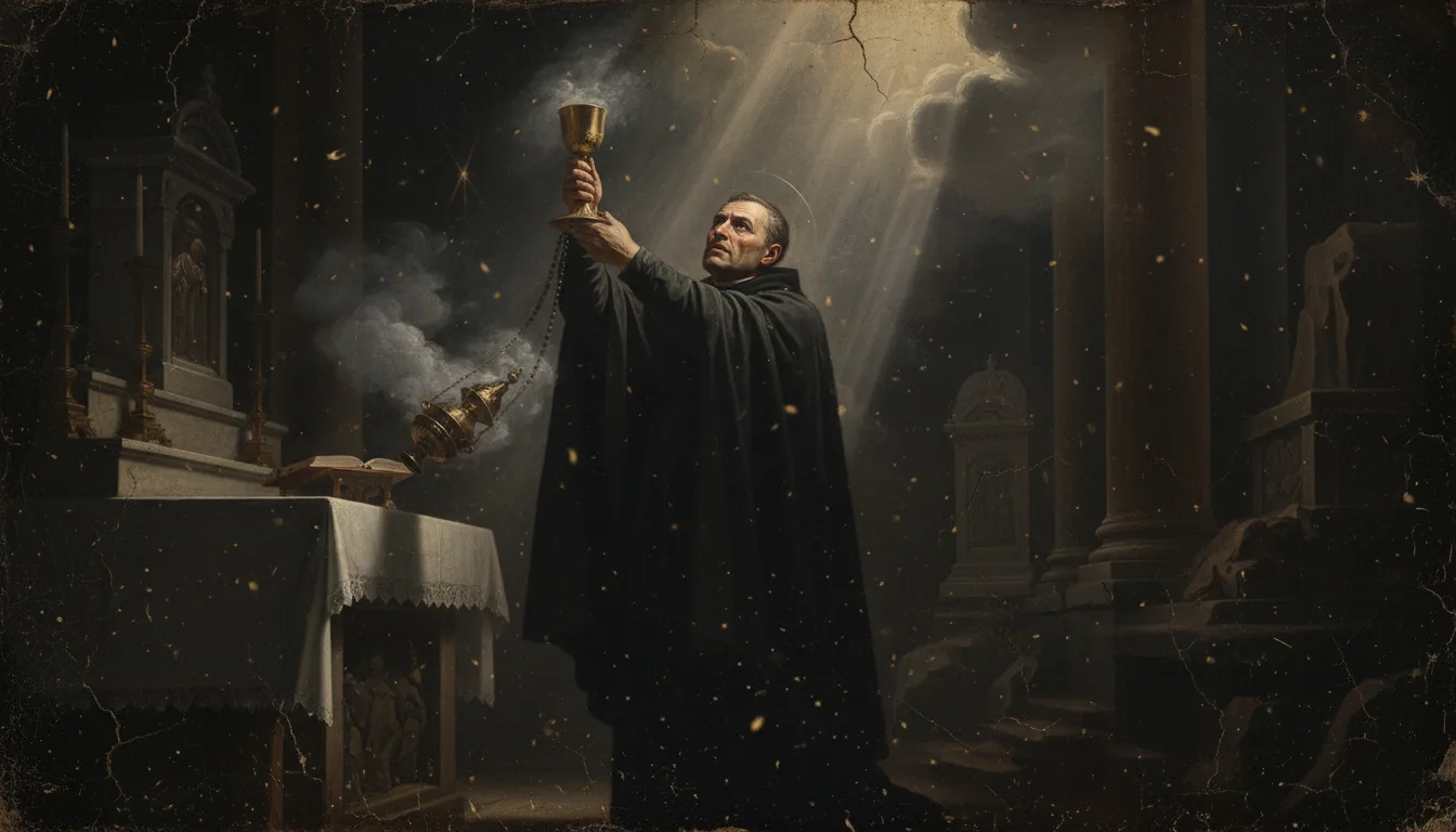 Un sacerdote celebra la Santa Messa di suffragio all'altare, il calice elevato in offerta per i defunti