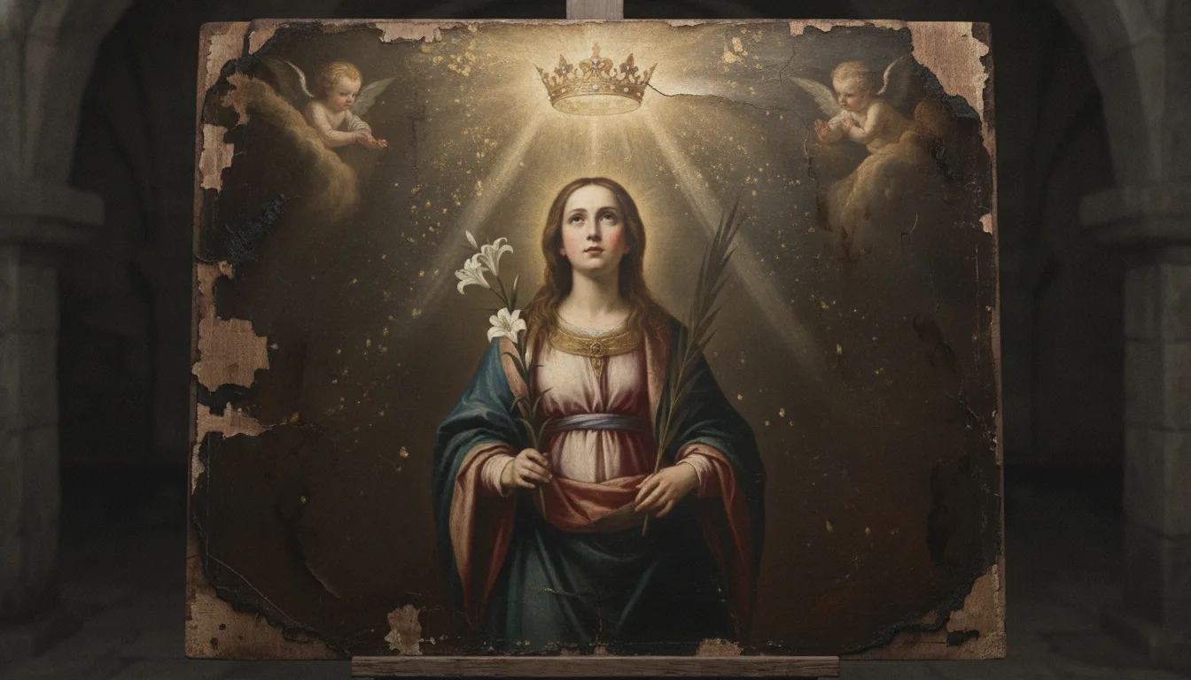 Sainte Philomène, jeune vierge martyre de treize ans, refusant de renier Dieu, tenant le lys et la palme du martyre