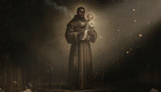 São Benedito, frade negro de hábito marrom, segura com ternura o Menino Jesus radiante sobre fundo envelhecido e craquelado