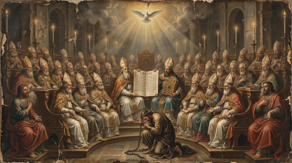 Mitred bishops seated around a book marked CREDO beneath a descending dove, a chained man kneeling at the centre