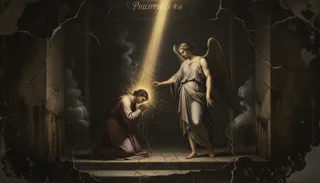 A robed man kneeling in a golden beam of light as a winged angel stands beside him, touching his head, in a dark stone chamber