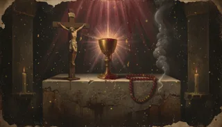 A stone altar bearing a crucifix, a golden chalice and a red rosary between two lit candles amid radiant light