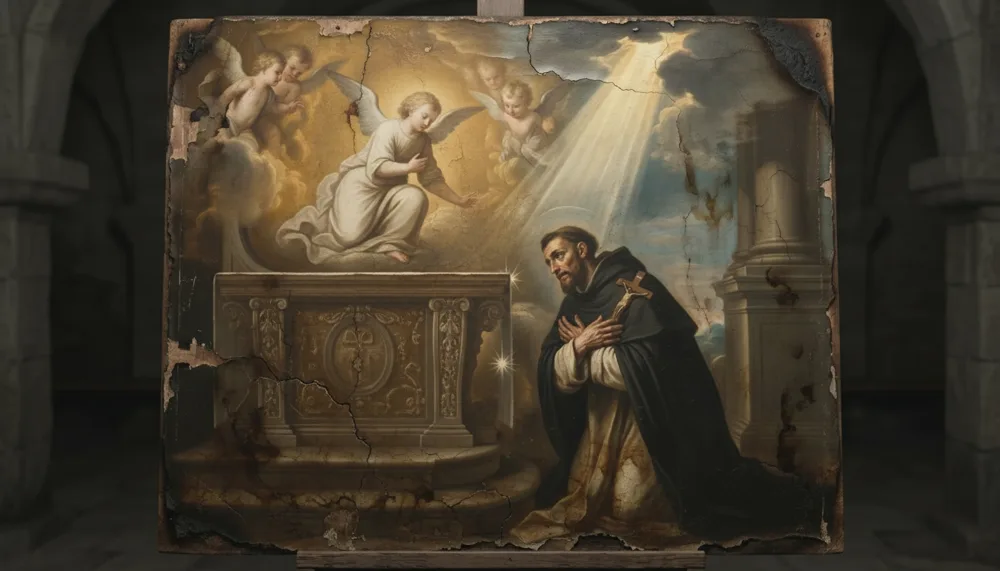 St Andrew Avellino, a haloed friar in black-and-white habit kneeling before a stone altar with angels overhead