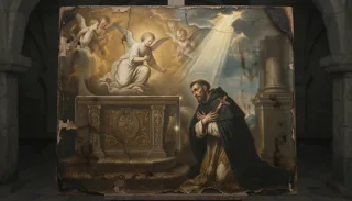 St Andrew Avellino, a haloed friar in black-and-white habit kneeling before a stone altar with angels overhead