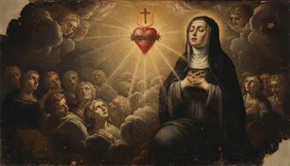 St Gertrude, a seated praying nun beside a radiant thorn-crowned flaming heart, cherub faces filling the clouds