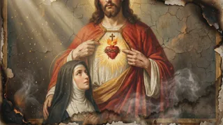 Jesus de barba mostra o coração inflamado no peito enquanto uma religiosa velada se ajoelha e olha para o alto