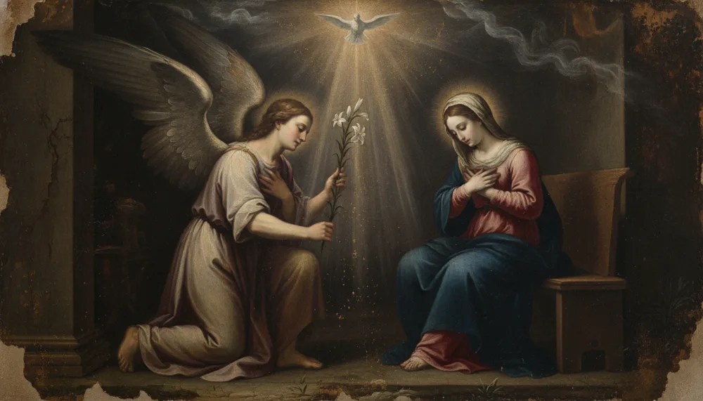 A kneeling winged angel holds lilies before a seated veiled woman as a radiant dove hovers overhead