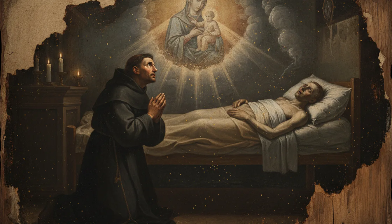 A robed figure kneeling in prayer at the bedside of a sick person beneath an image of the Virgin