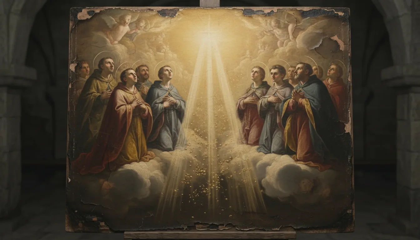 A small group of haloed saints gathered in golden clouds of heaven around a throne of light