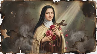 A smiling veiled nun in a cream-and-brown habit holding a crucifix and red roses, smoke around her