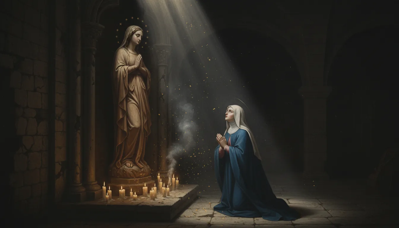 A robed woman kneeling in prayer before a statue of the Virgin lit by candles