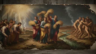 Roi barbu couronné assis jouant d'une harpe dorée sous un ciel nocturne étoilé
