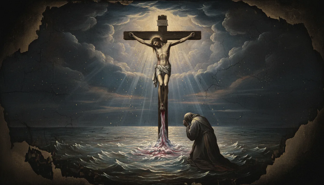 At the foot of the Cross blood and water gush forth as the ocean of mercy opens