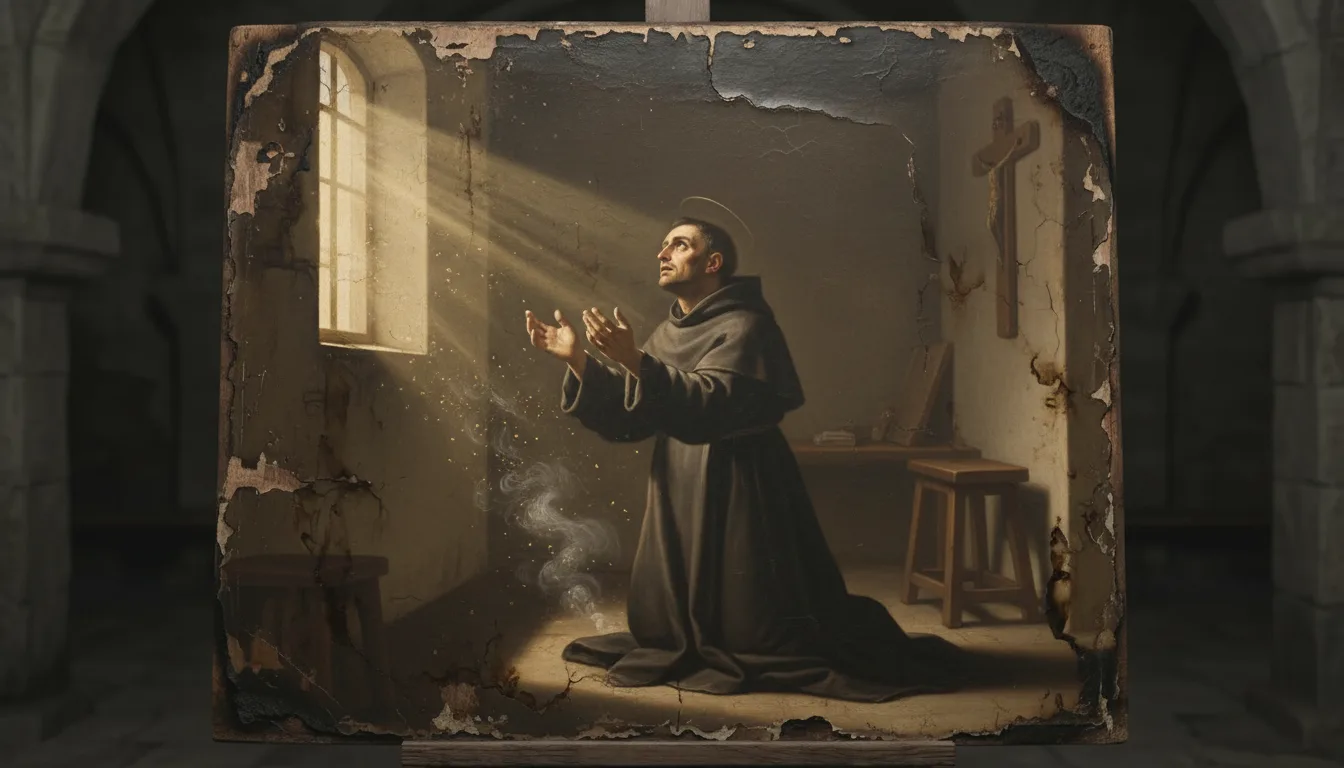 A robed figure kneeling at dawn offering the day to God as light breaks through a window